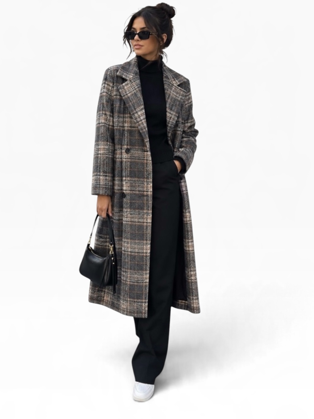 Title: Zara Trafaluc Plaid Long Coat Gray Black Brown Check Overcoat Women’s M